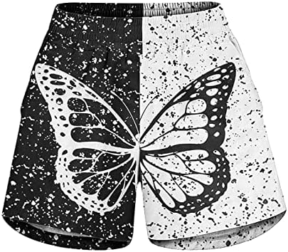 Женски обични шорцеви летни шорцеви на плажа со џебови Пеперутка Печати Еластична половината салон шорцеви салата