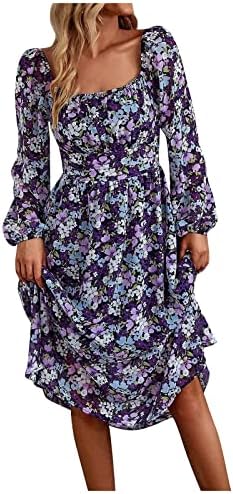 Nokmopo фустани со долг ракав за жени 2023 модна пролет и есенски фустан со тркалезен врат Бохо