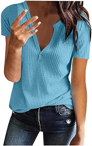Tshirt жени есен летен краток ракав 2023 V вратот памук случајна лабава вклопена опуштена вклопена основна