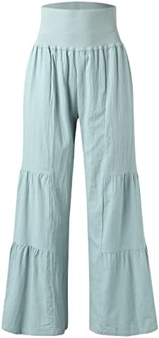 Дами цврста боја обичен џеб лабава памучна крпеница широки панталони за нозе дами панталони се наведнуваат