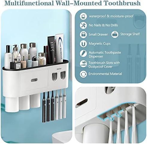 Двојни автоматски диспензери за паста за заби, држач за четка за заби BHEADCAT, монтиран со стискави за заби, мултифункционален