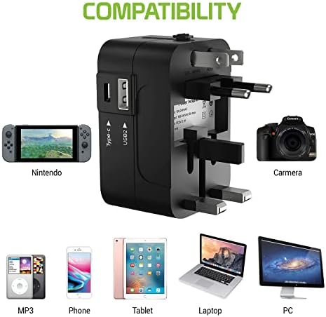 Travel USB Plus Меѓународен адаптер за напојување компатибилен со Blu Studio Selfie 2 за светска моќ за 3 уреди USB