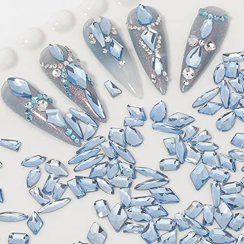 Hnuix 300pcs нокти rhinestones светло сини геми за нокти 10 стилови измешани мулти форми сјајни дијаманти